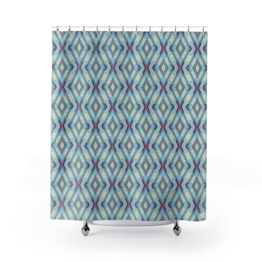 Blue Purple Dark Red Geometric Diamond Pattern Shower Curtain | Midcentury Modern