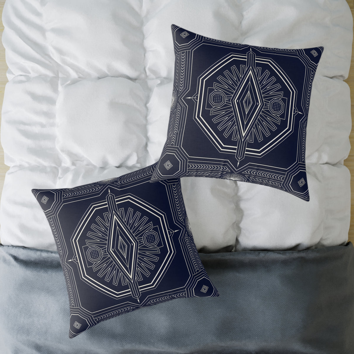 Navy White Geometric Mandala Square Pillow | Tribal Diamond Pattern