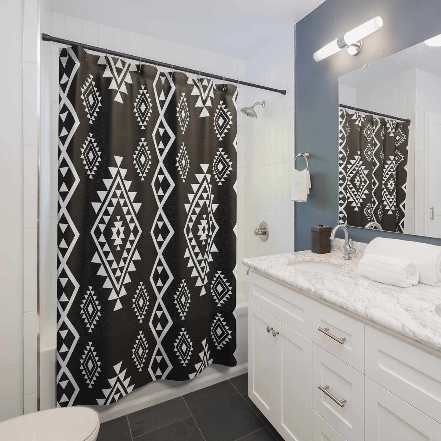 Black & White Aztec Geometric Shower Curtain | Tribal Diamond Pattern Boho Bathroom Accessory