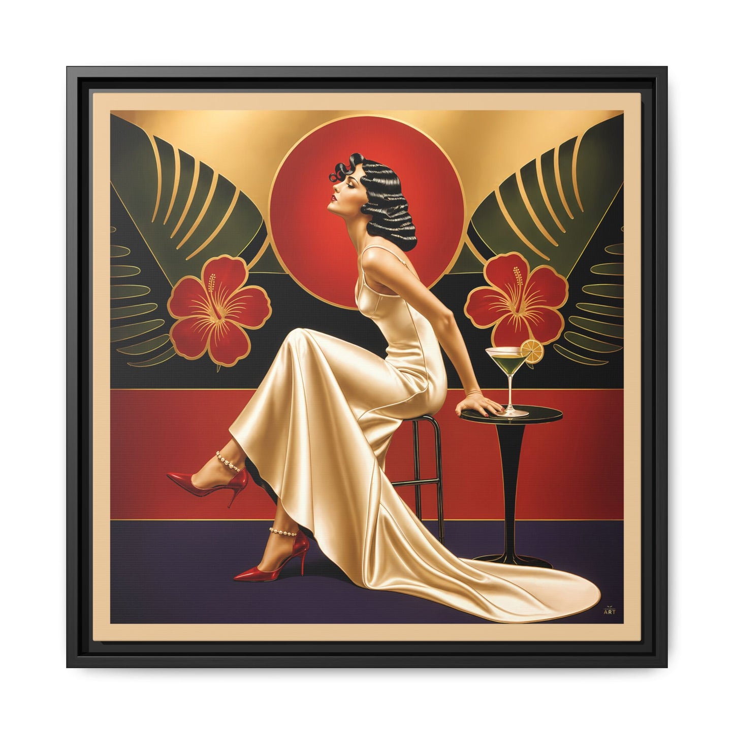 Art Deco Lady Red Green Beige Tropical Canvas Framed Wall Art | Matte Print