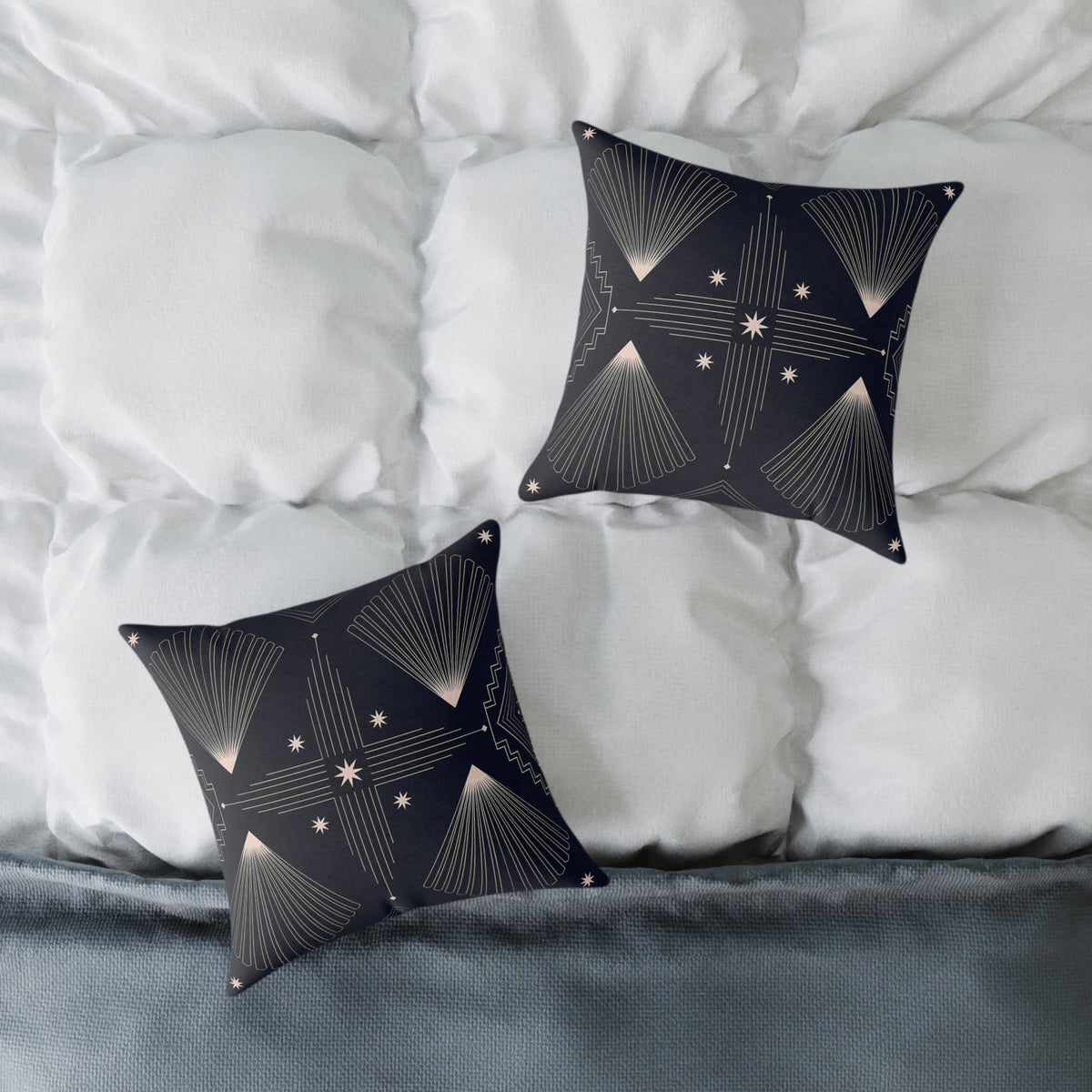 Indigo Blue Art Deco Starburst Square Pillow | Geometric Night Sky Throw Pillow