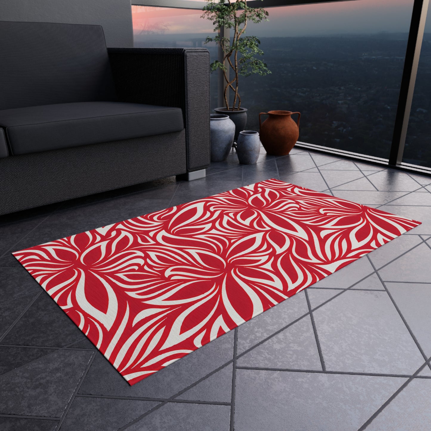 Red White Tropical Leaf Pattern Outdoor/Indoor Rug | Patio Mat