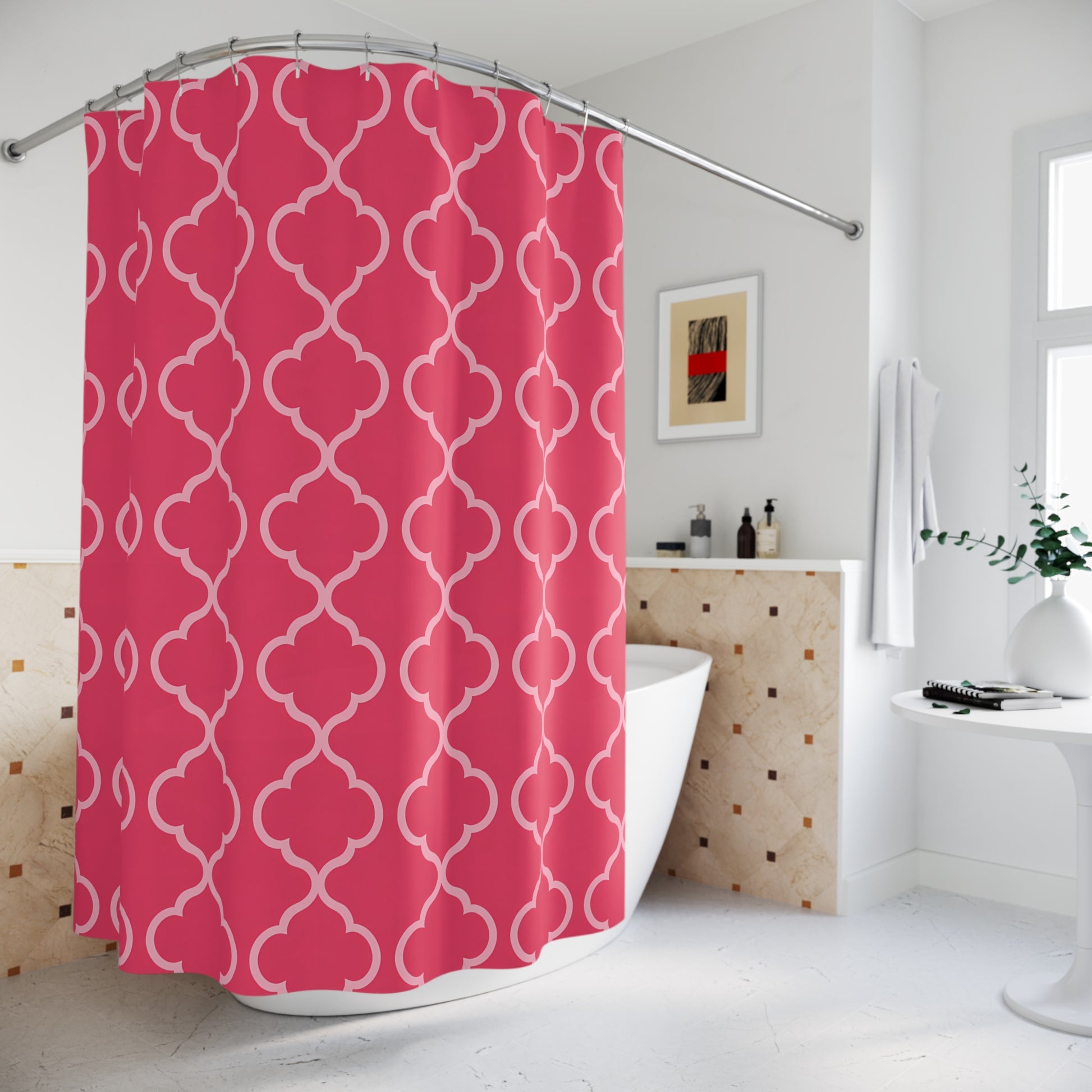 Vibrant Pink Patterned Shower Curtain - Modern Bathroom Decor, Gift for Housewarming, Boho Chic, Unique Bathroom Accent, Moroccan Quatrefoil - LOLA VEGAS ART