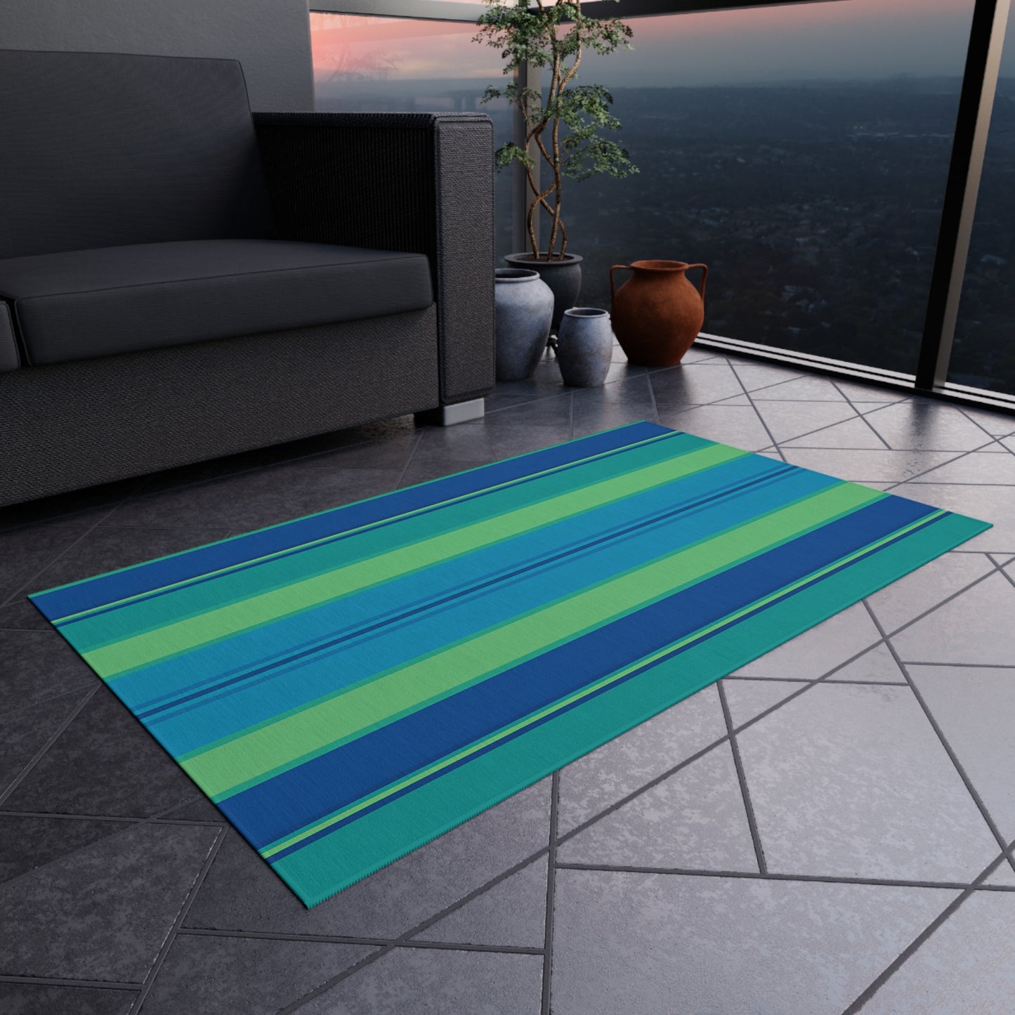 Blue Green Striped Outdoor Rug | Indoor Rug