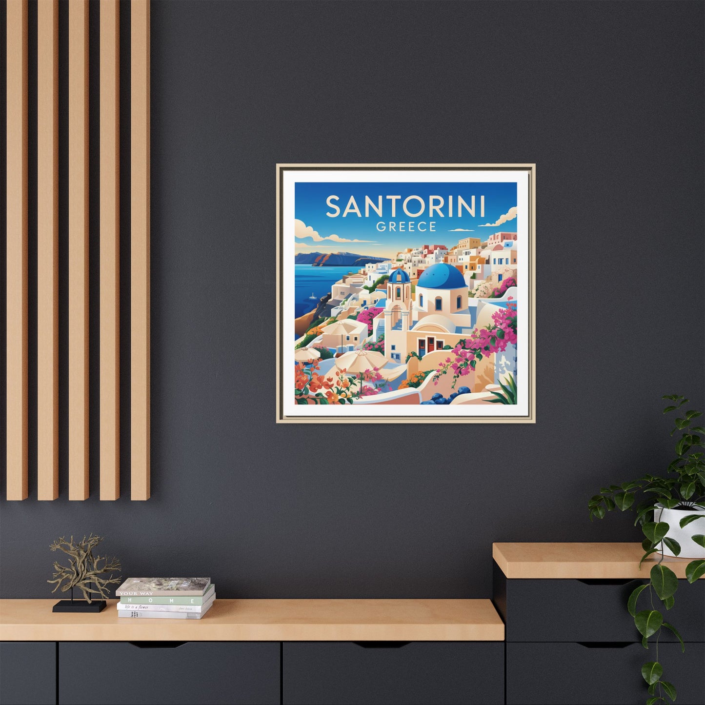 Santorini Greece Travel Art Matte Canvas Framed Wall Art