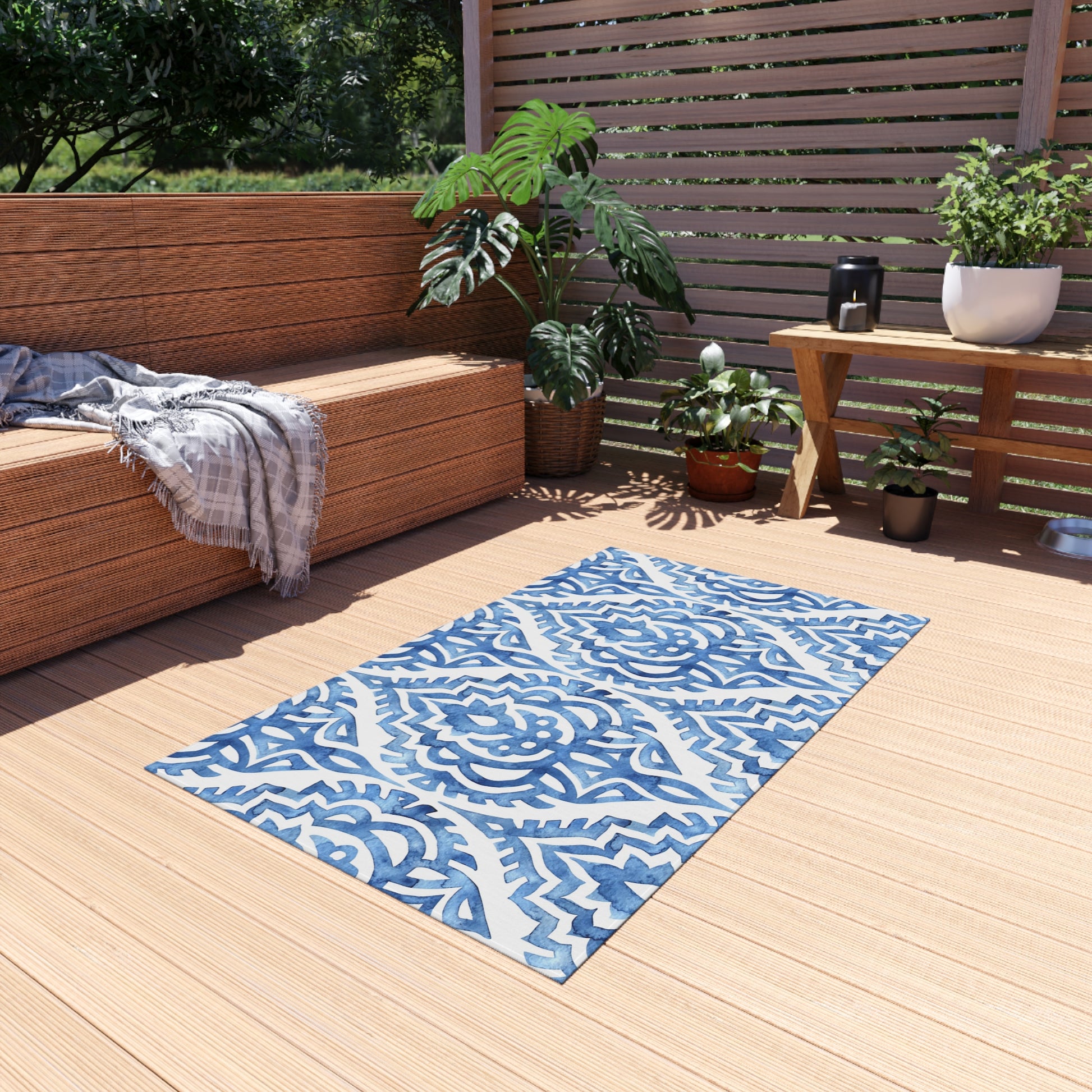 Outdoor/Indoor Rug in Elegant Blue Pattern, Patio Decor, Garden Style, Camping Accessory, Indoor/Outdoor Mat - LOLA VEGAS ART