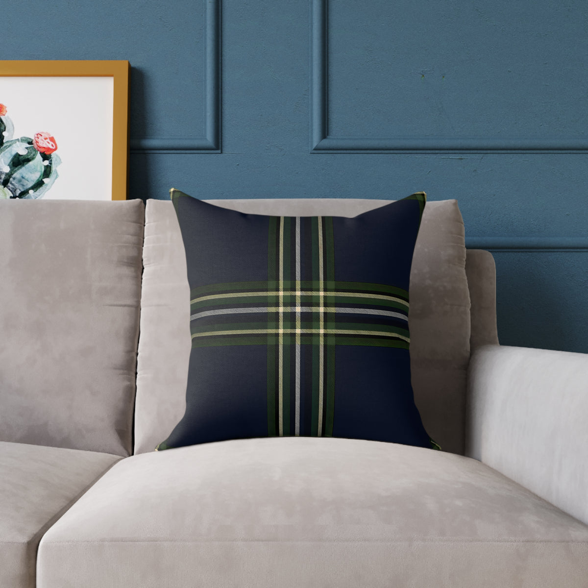 Green Navy Black Beige White Plaid Throw Pillow | Square Poly Canvas Pillow