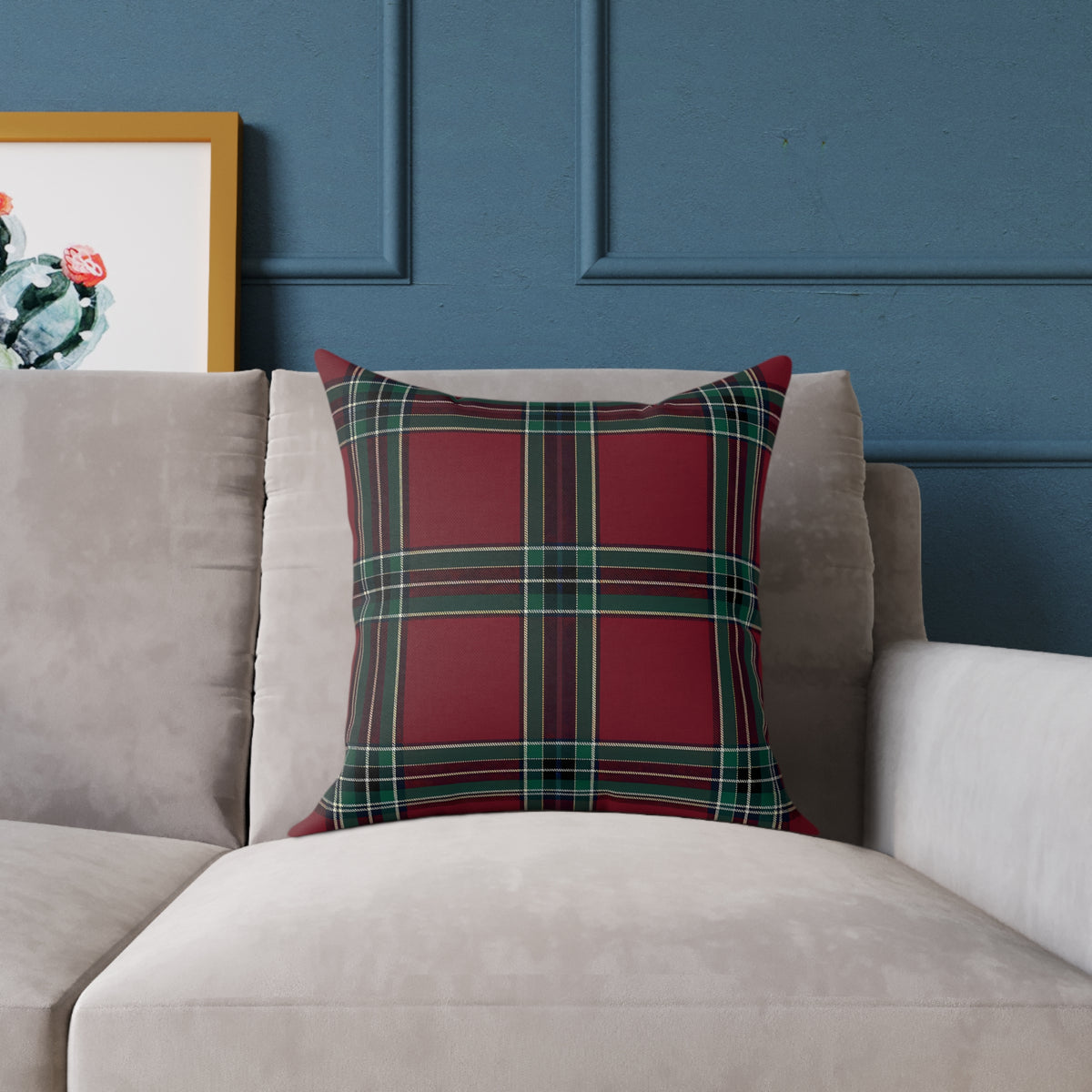 Red Green Purple White Beige Tartan Plaid Square Pillow | Holiday Cabin Decor