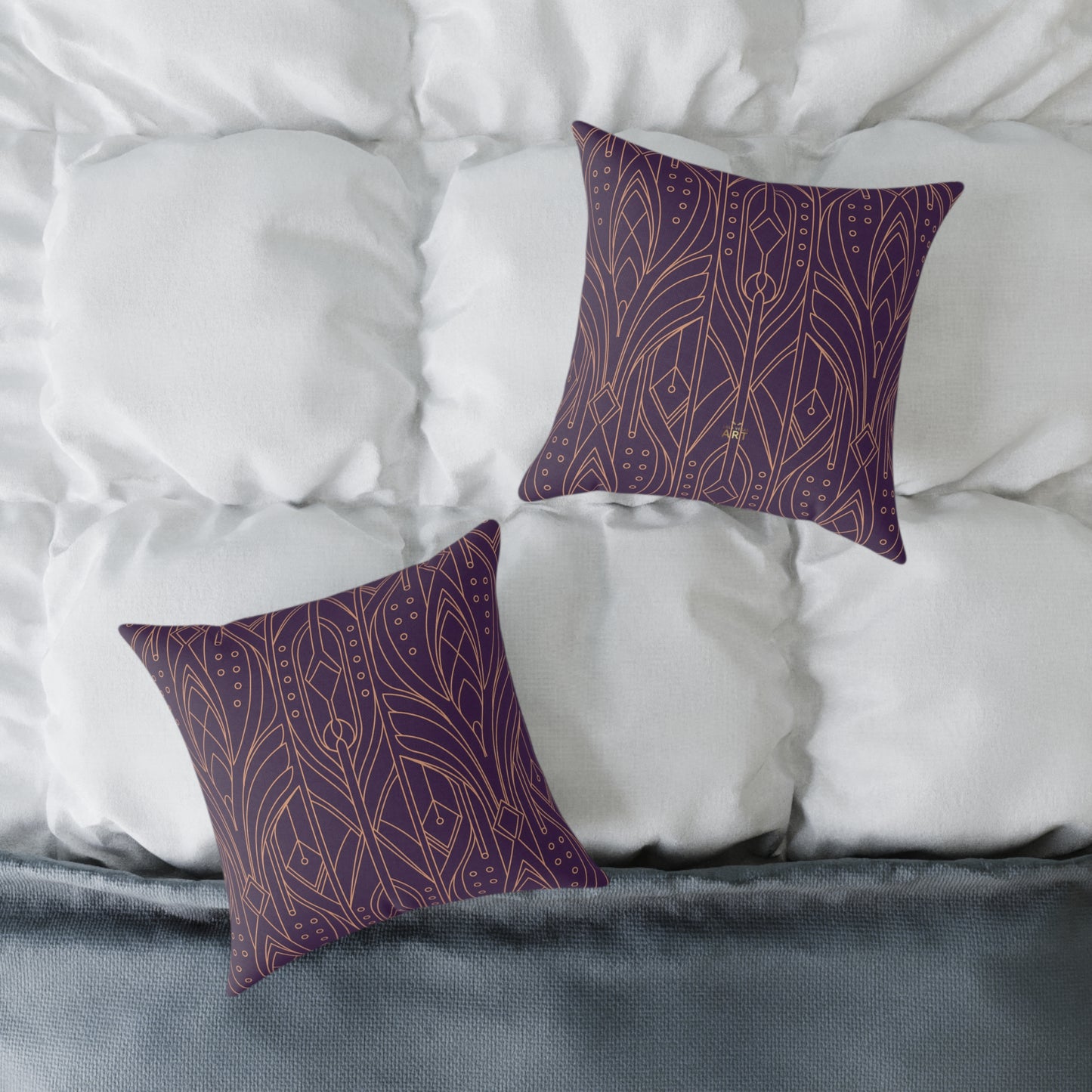 Art Deco Geometric Pattern Square Pillow | Purple Copper