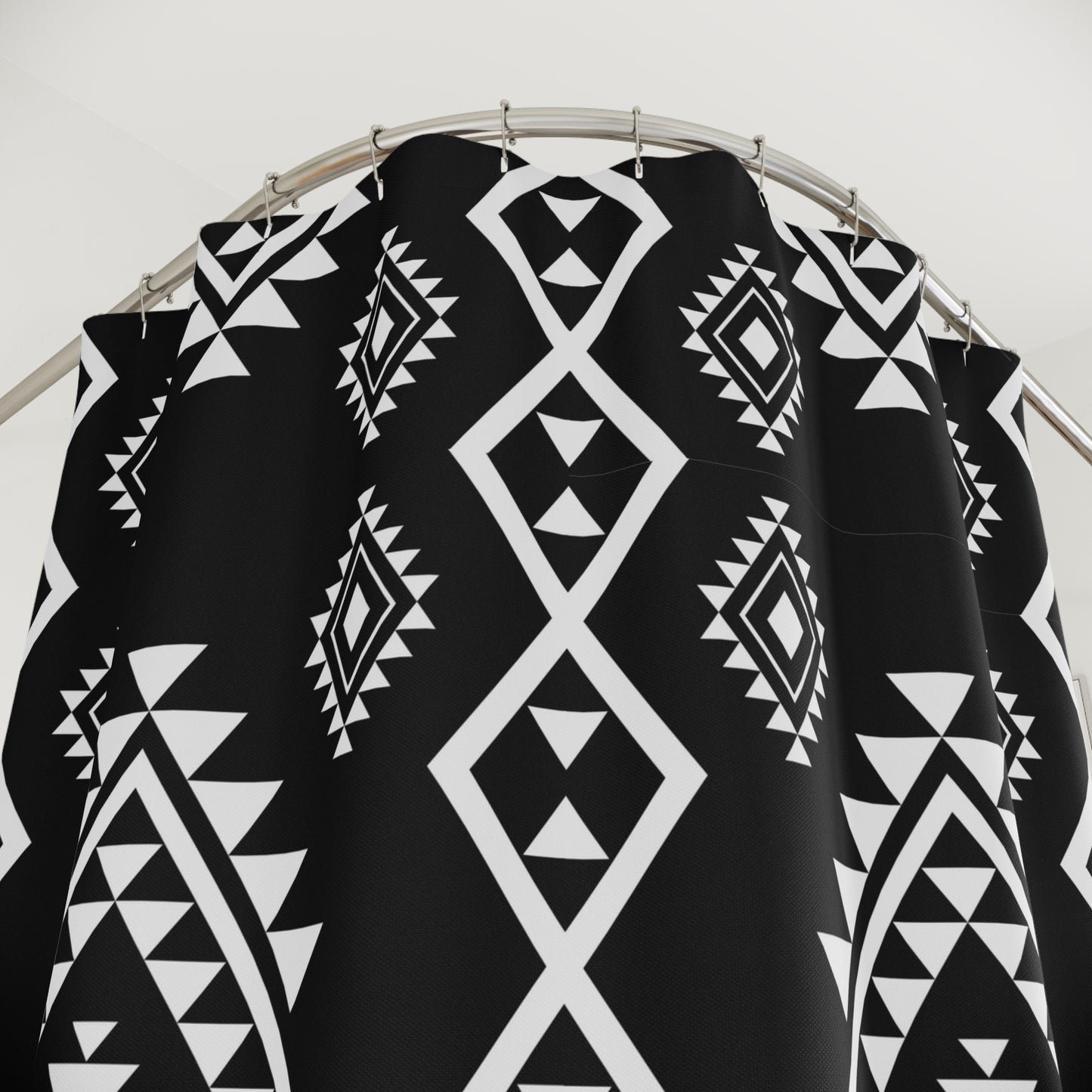 Black & White Aztec Geometric Shower Curtain | Tribal Diamond Pattern Boho Bathroom Accessory