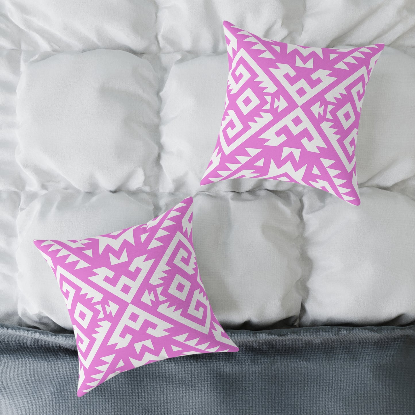 Pink White Boho Geometric Aztec Pattern Pillow | Square Pillow