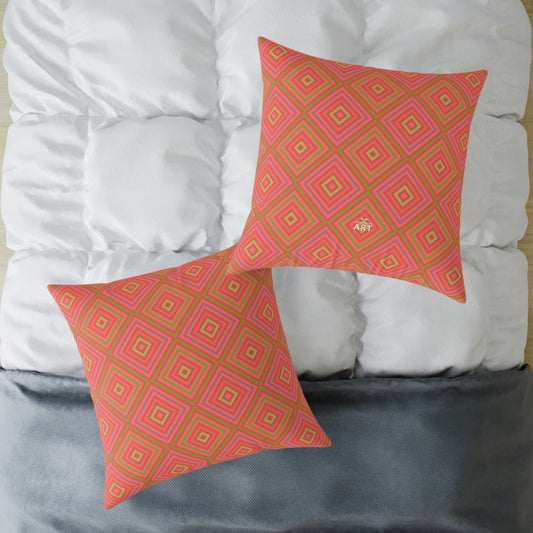 Geometric Diamond Pattern Square Pillow | Coral Orange Pink Accent