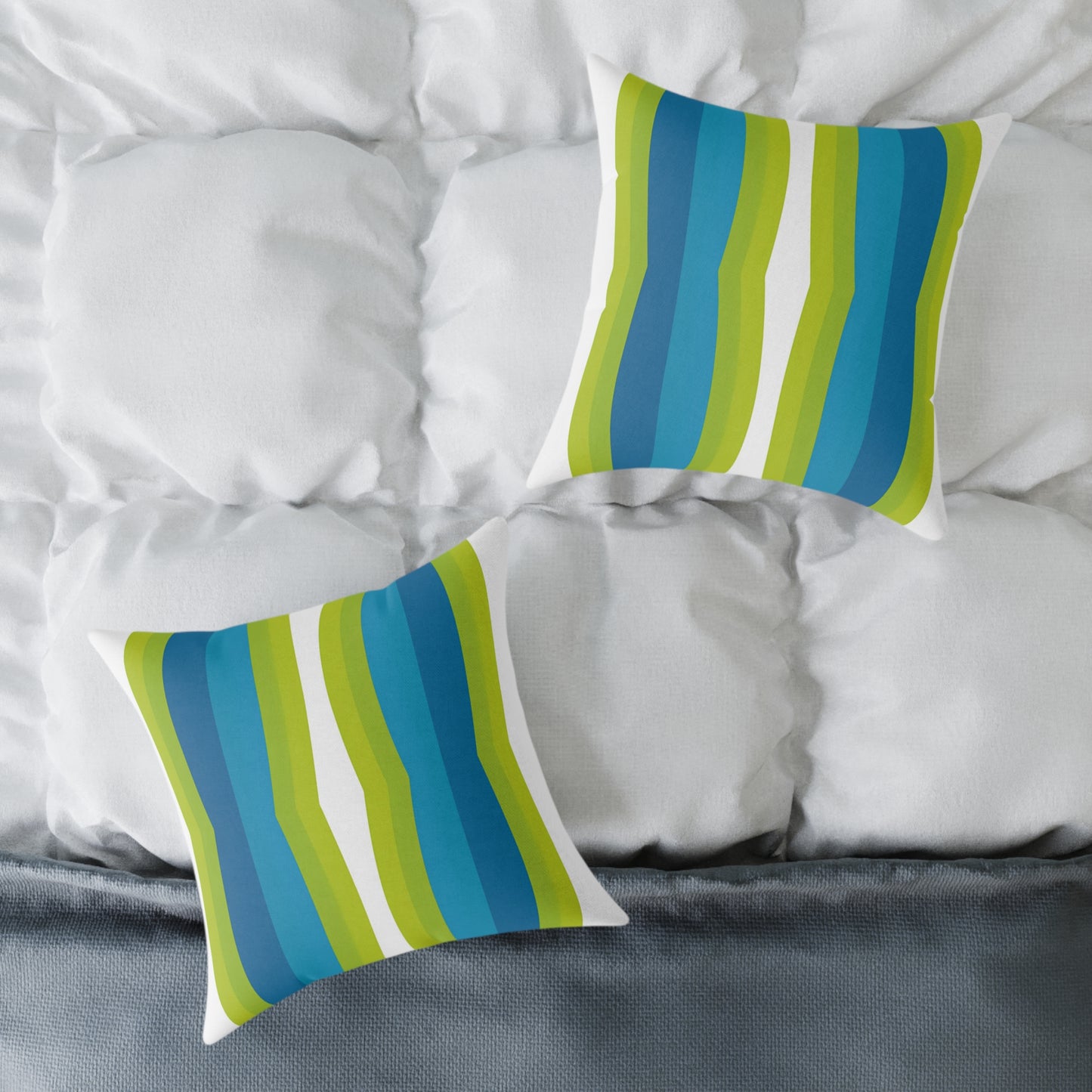 Blue Green Striped Wave Square Poly Canvas Pillow | Modern Geometric Throw Pillow