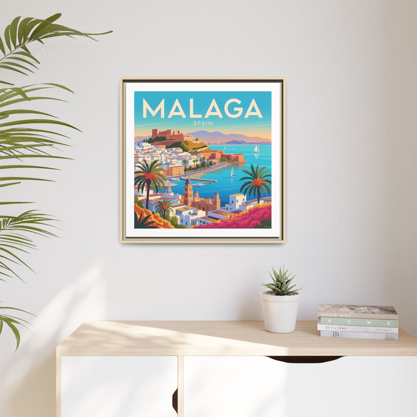 Malaga Spain Coastal  Matte Canvas Framed Wall Art| Vintage Style Travel Art