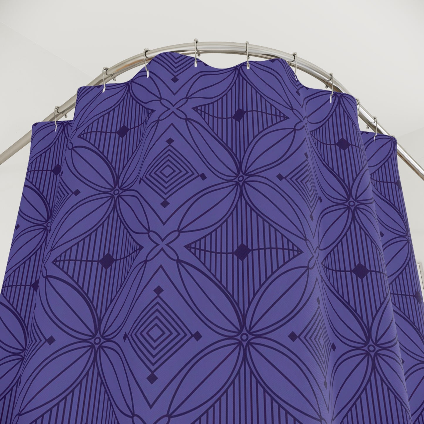 Geometric Floral Pattern Shower Curtain | Navy Purple Tile Motif