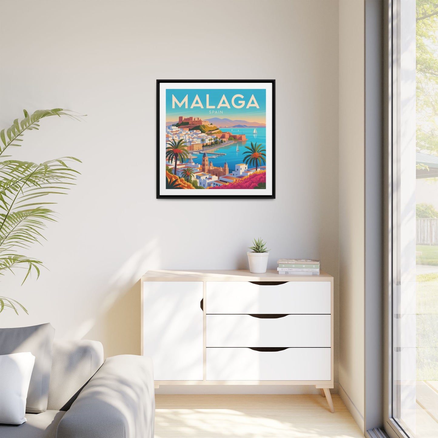 Malaga Spain Coastal  Matte Canvas Framed Wall Art| Vintage Style Travel Art