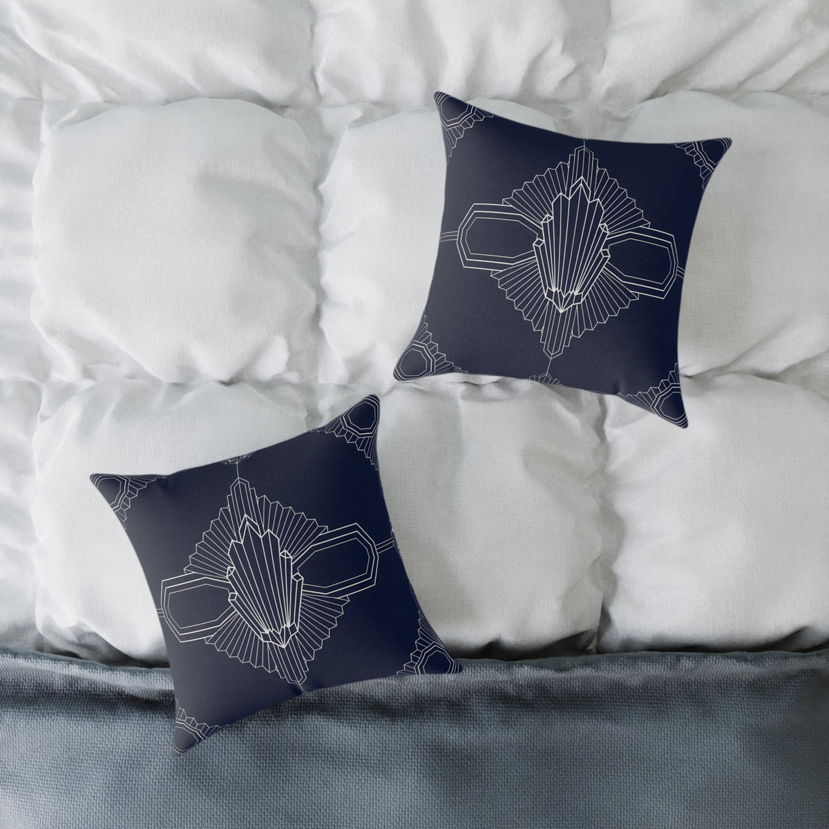 Art Deco Geometric Pattern Square Pillow | Navy White Canvas Throw Pillow