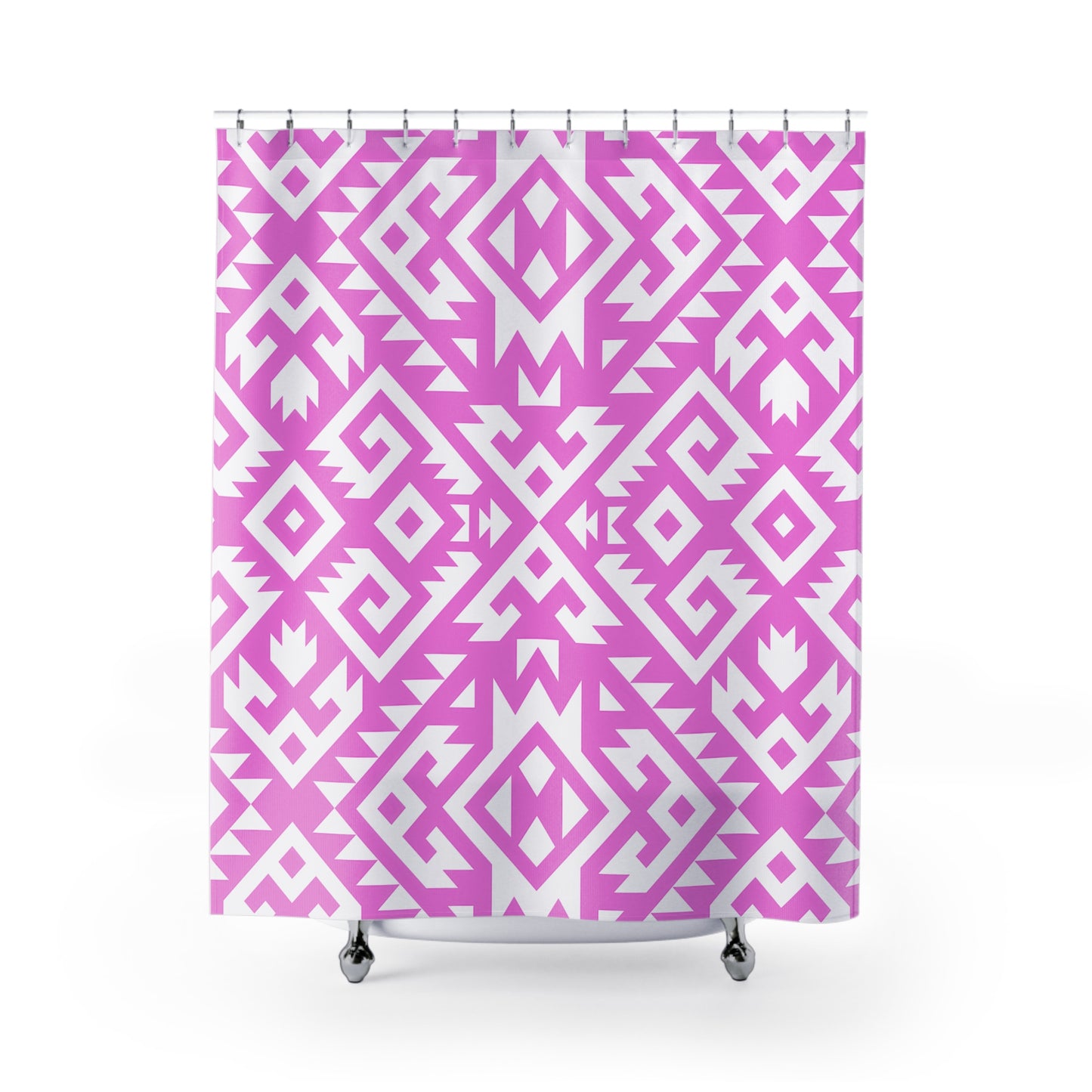 Pink White Aztec Boho Geometric Shower Curtain | Tribal Pattern Bathroom Decor