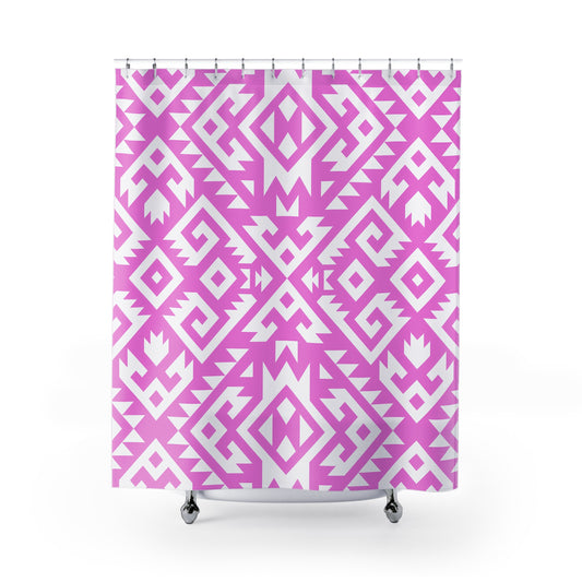 Pink White Aztec Boho Geometric Shower Curtain | Tribal Pattern Bathroom Decor