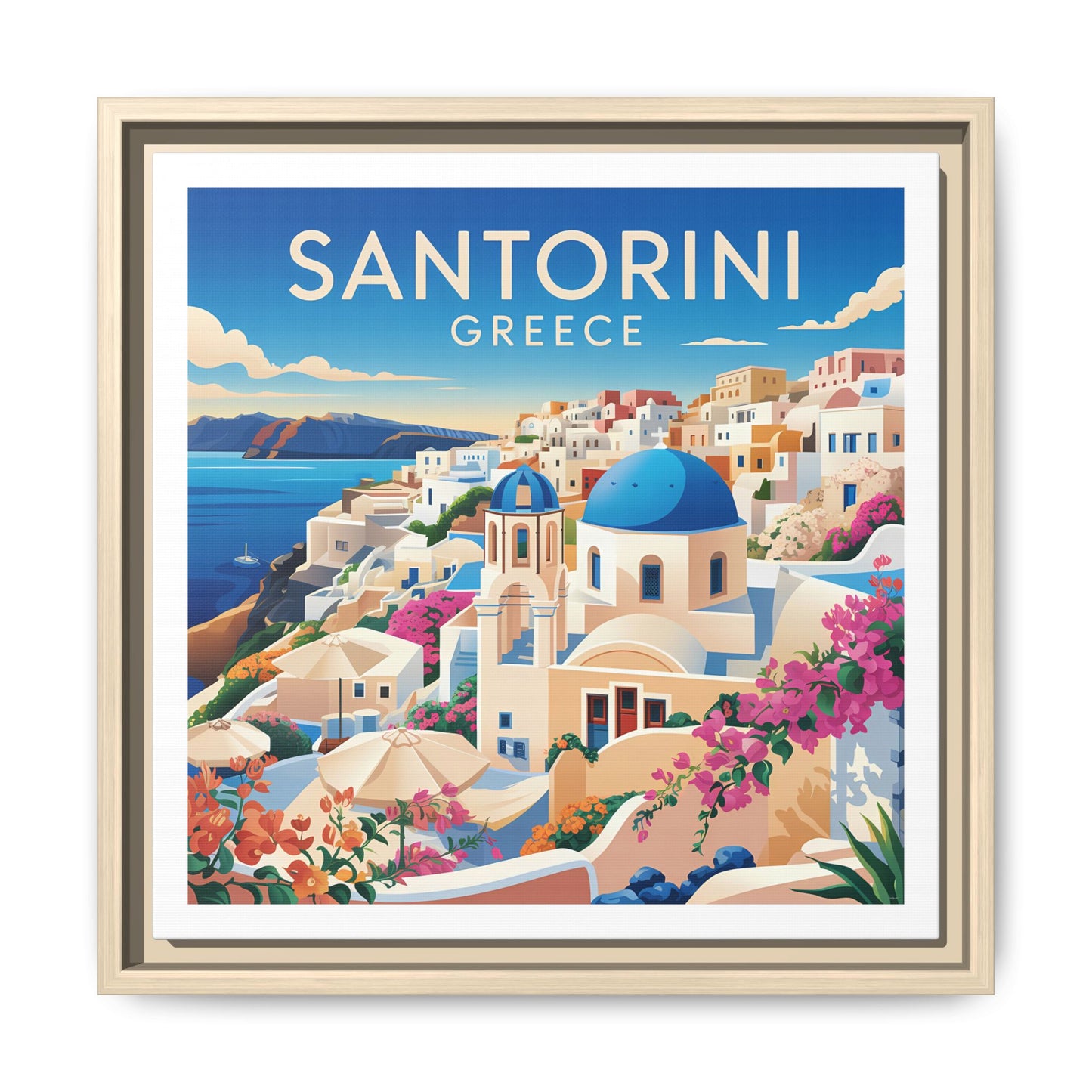Santorini Greece Travel Art Matte Canvas Framed Wall Art