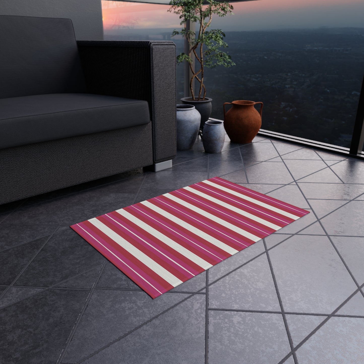 Red Pink White Stripe Outdoor Rug | Patio Floor Mat, Weatherproof Stripe Design