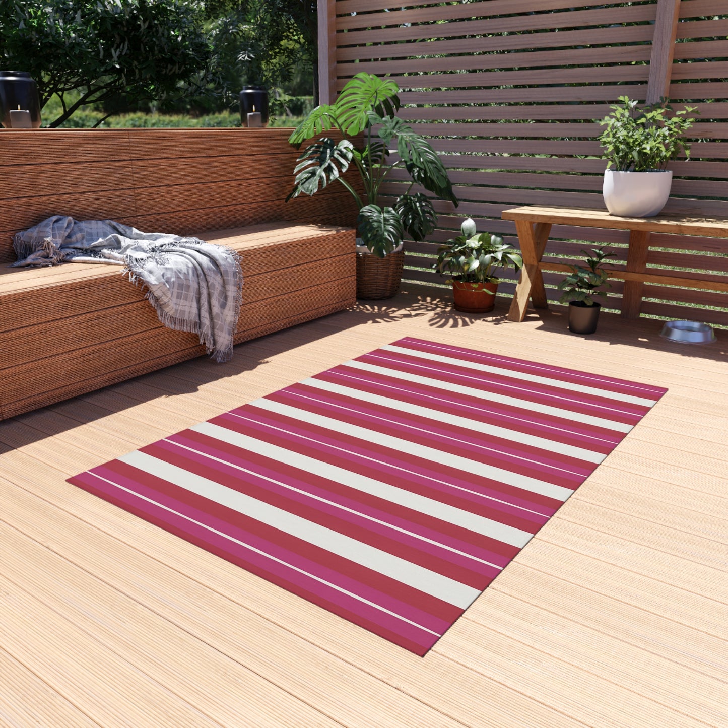 Red Pink White Stripe Outdoor Rug | Patio Floor Mat, Weatherproof Stripe Design