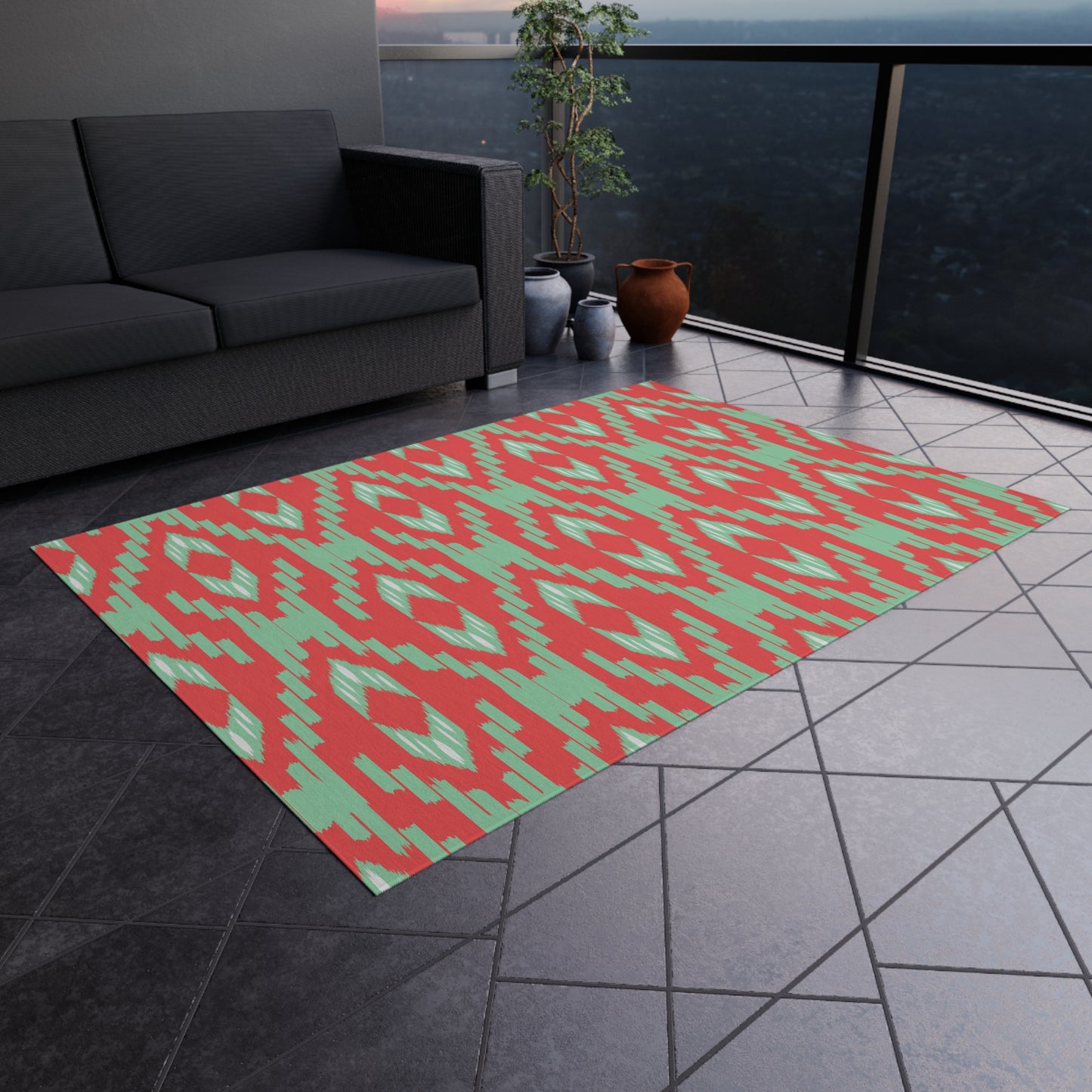 Coral Green l Ikat Pattern Outdoor/Indoor Rug | Geometric Patio Mat