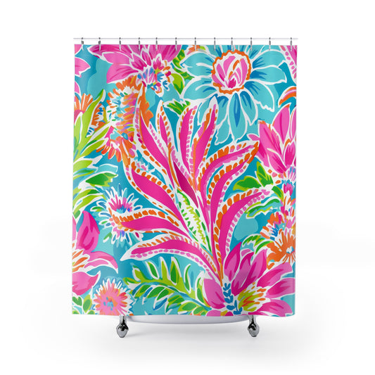 Vibrant Floral Shower Curtain, Tropical Bathroom Decor, Bright Colorful Curtain, Bohemian Style, Gift for Home, Summer Vibe - LOLA VEGAS ART