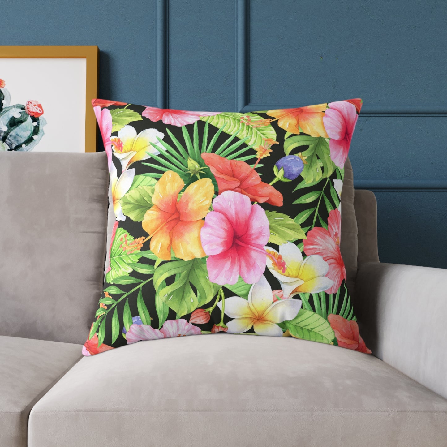 Tropical Pink Yellow Green Hibiscus Floral Square Pillow | Hawaiian Leaves Pattern