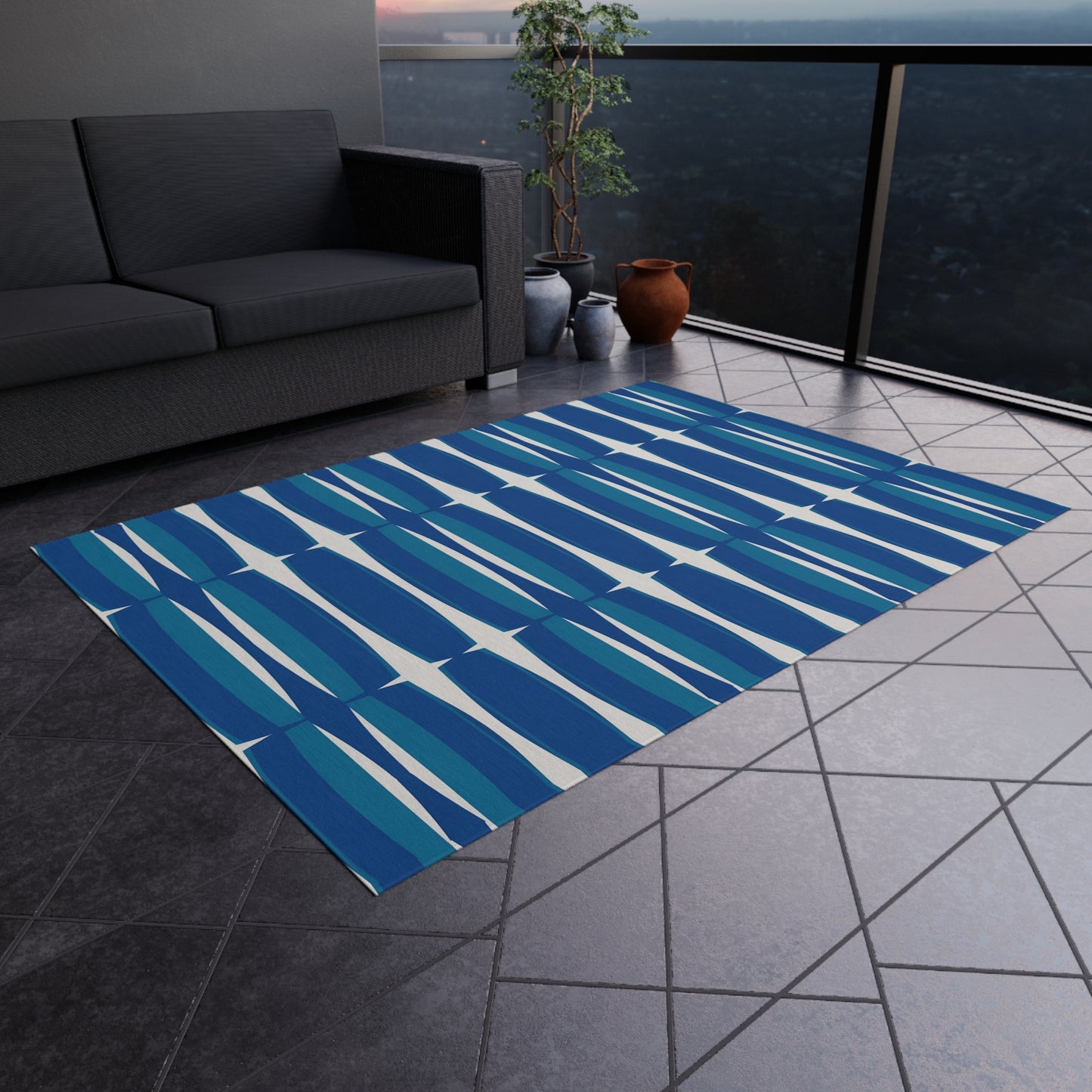 Blue White Mid-Century Geometric Outdoor Rug | Retro Teal Navy Pattern