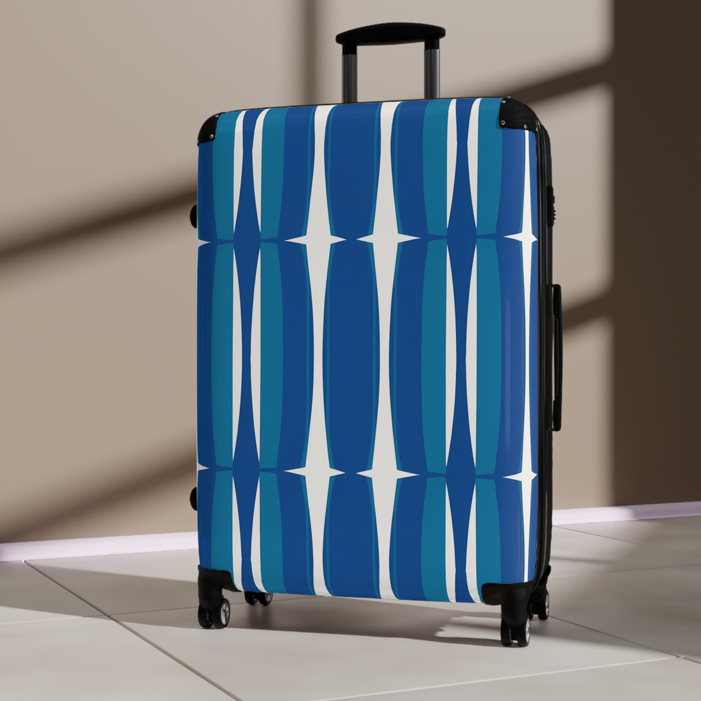 Blue Mid-Century Geometric Suitcase | Retro Stripe Luggage