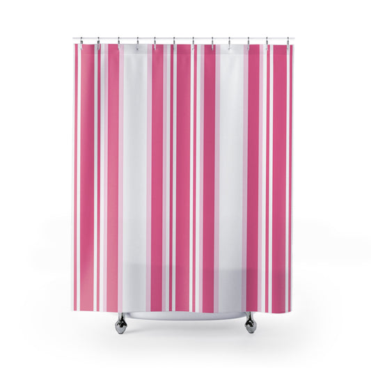 Pink Stripe Shower Curtain | Vertical Pink White Striped Bathroom Curtain