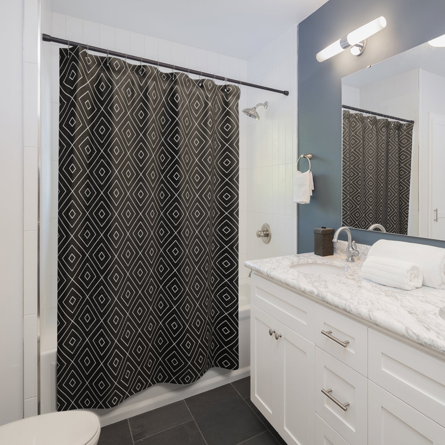 Geometric Diamond Pattern Shower Curtain | Black White Modern Bath