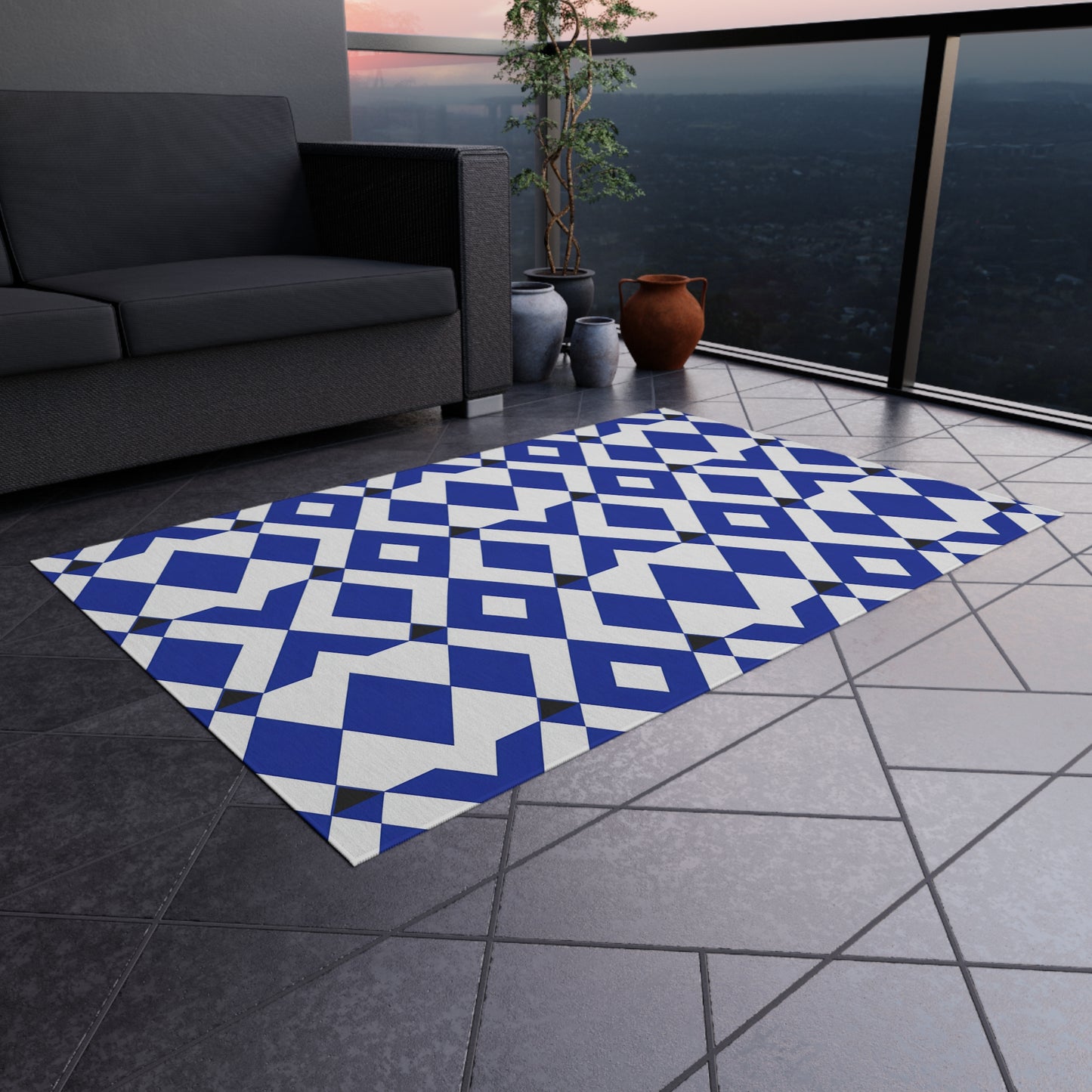 Blue Geometric Diamond Pattern Outdoor/Indoor Rug | Patio Mat, Modern Navy Black White Design