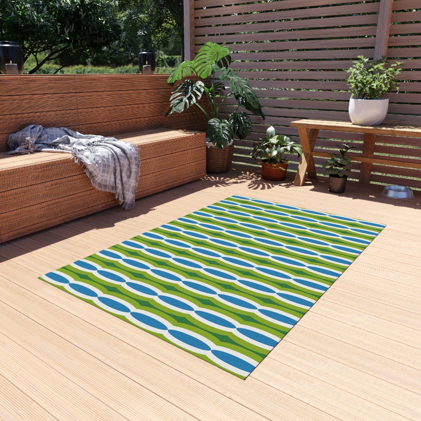 Blue Green Retro Geo Pattern Outdoor/Indoor Rug | Mid Century Modern Patio Mat