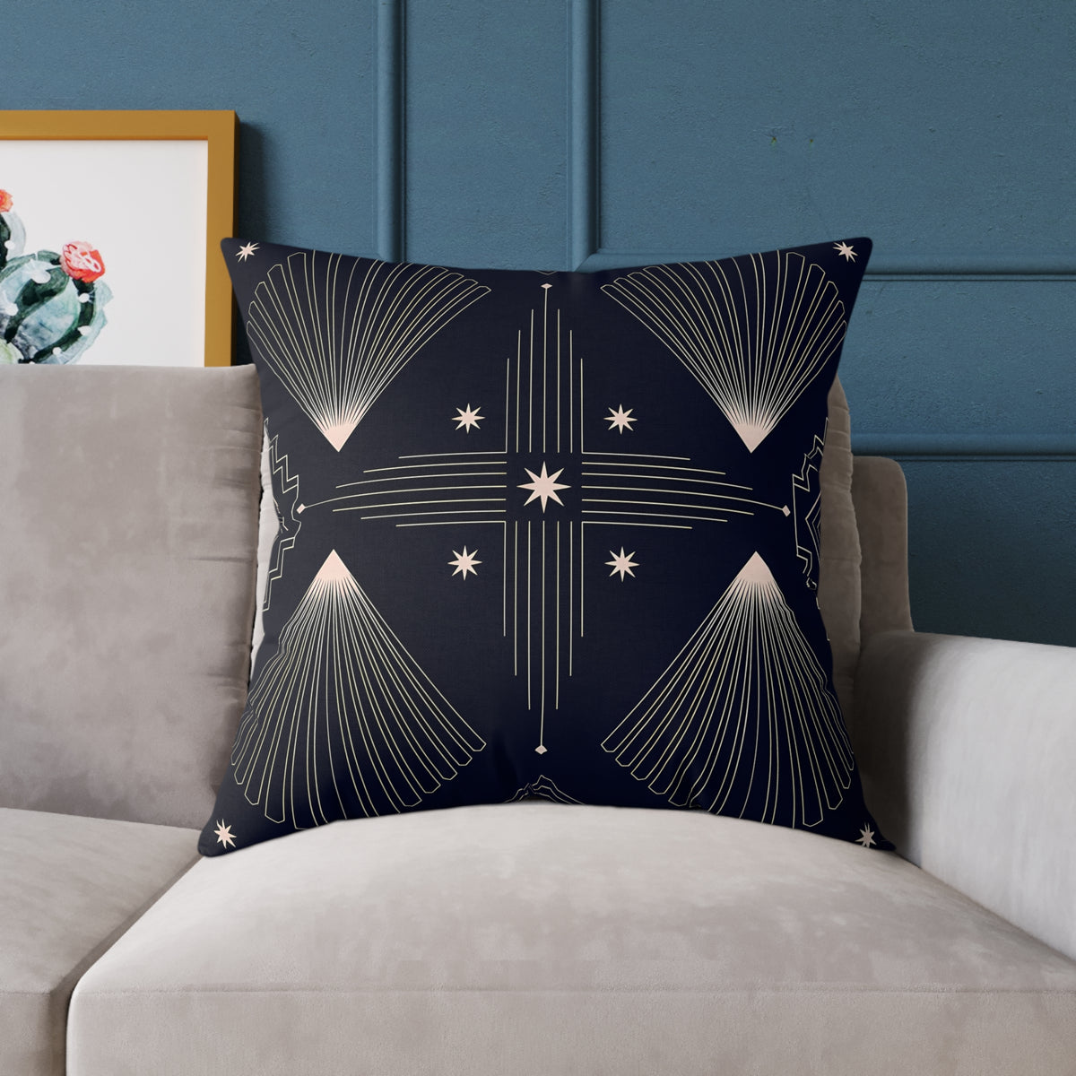 Indigo Blue Art Deco Starburst Square Pillow | Geometric Night Sky Throw Pillow