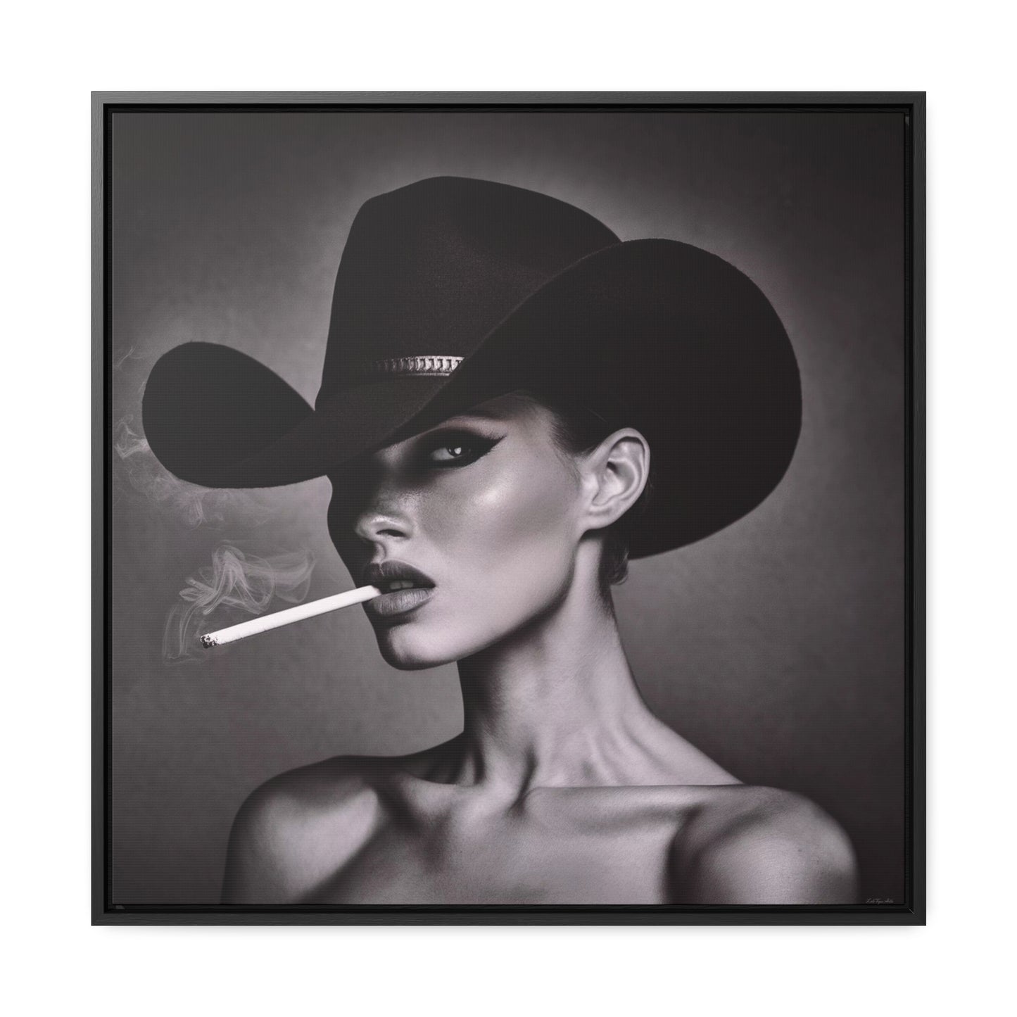 Square Frame Canvas Wall Art, Fashionista Home Decor, Black and White Fine Art Photography, Gorgeous Woman with Freckles, Cowboy Hat,