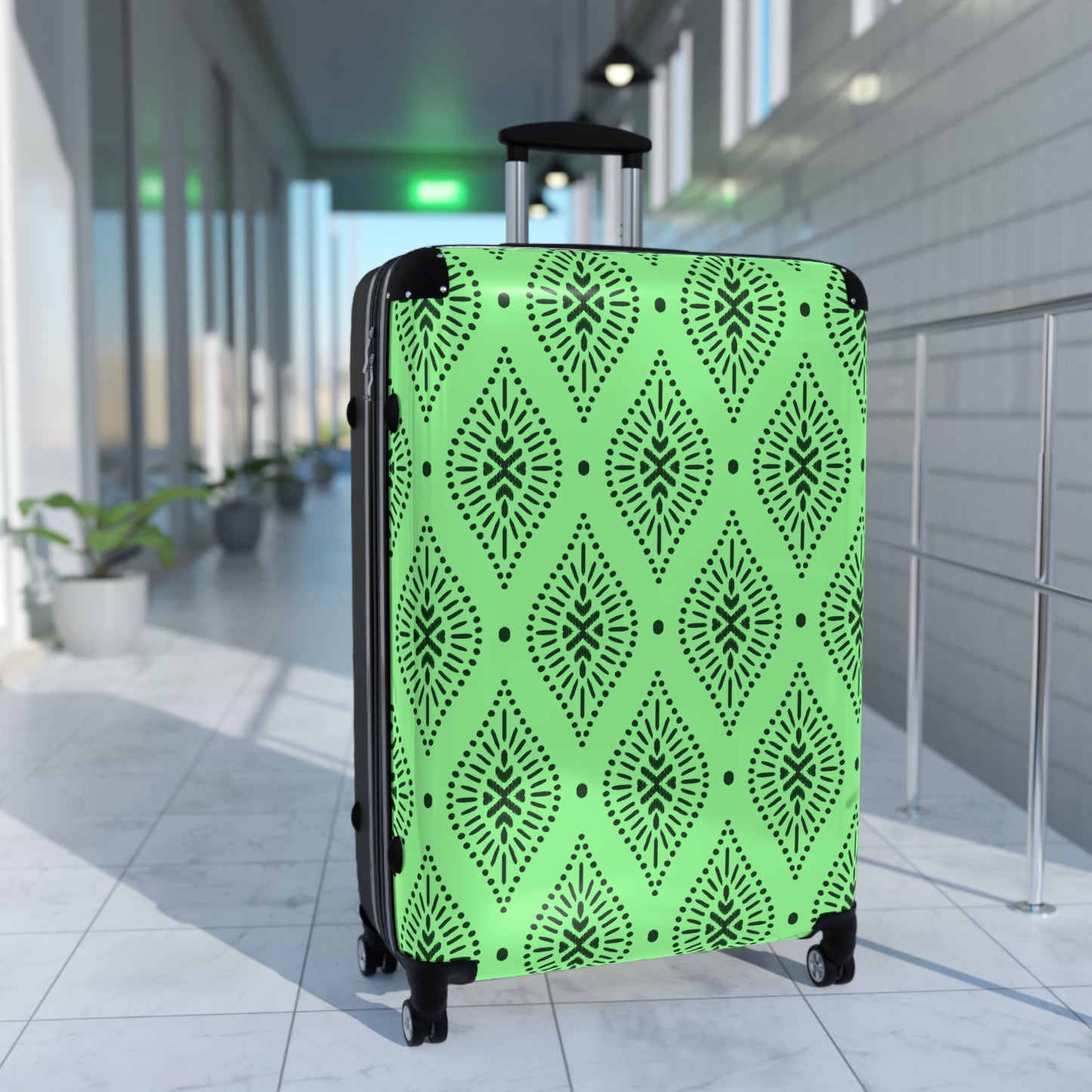 Lime Green and Black Moroccan Tile Pattern Suitcase | Boho Luggage Travel Accessory