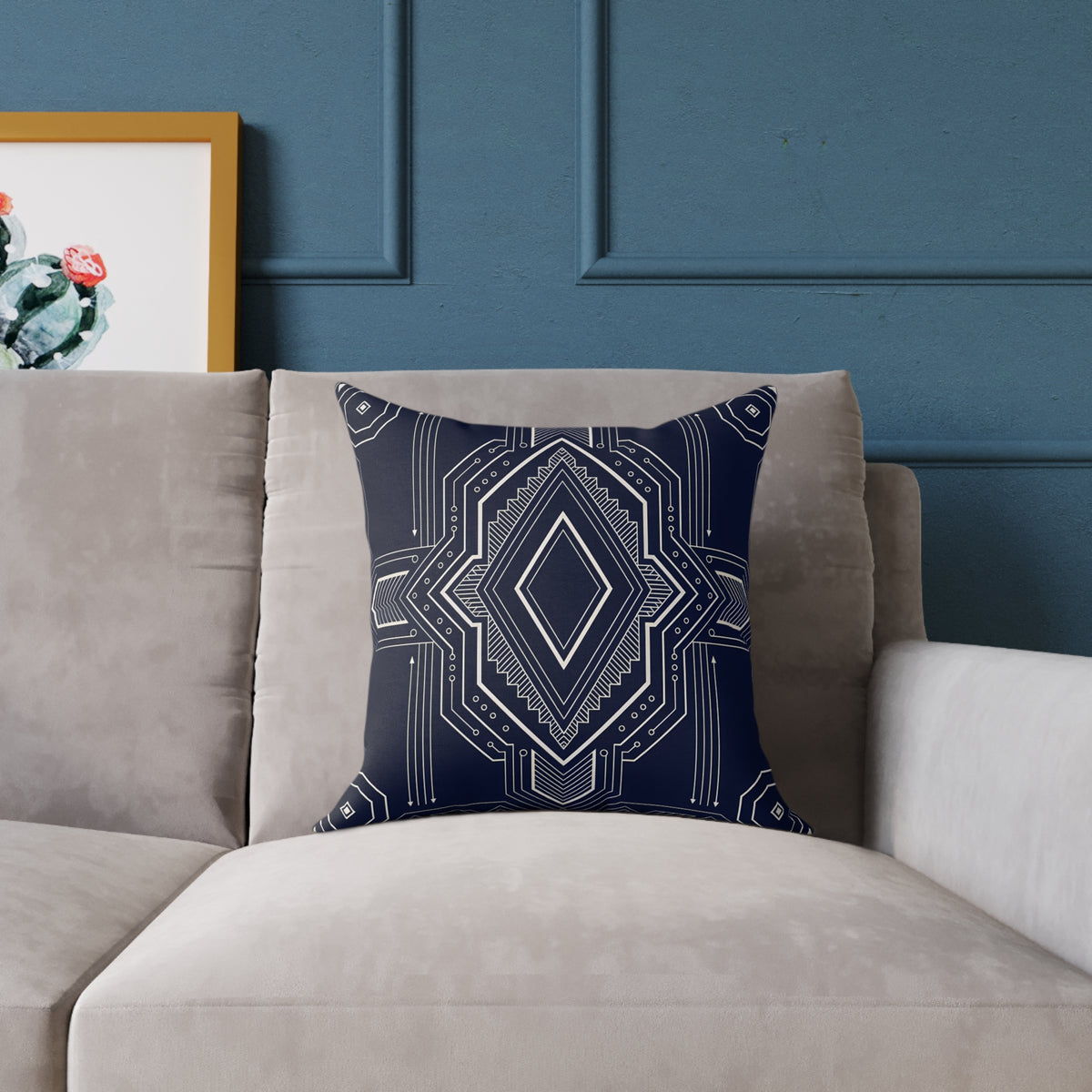 Geometric Diamond Pattern Square Poly Canvas Pillow | Navy Aztec Throw Pillow