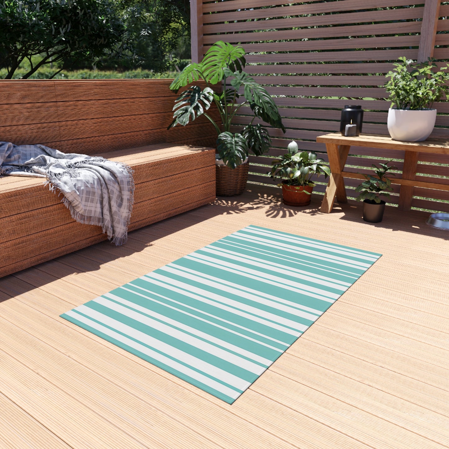 Aqua Stripe Outdoor/Indoor Rug | Teal Blue Striped Patio Mat
