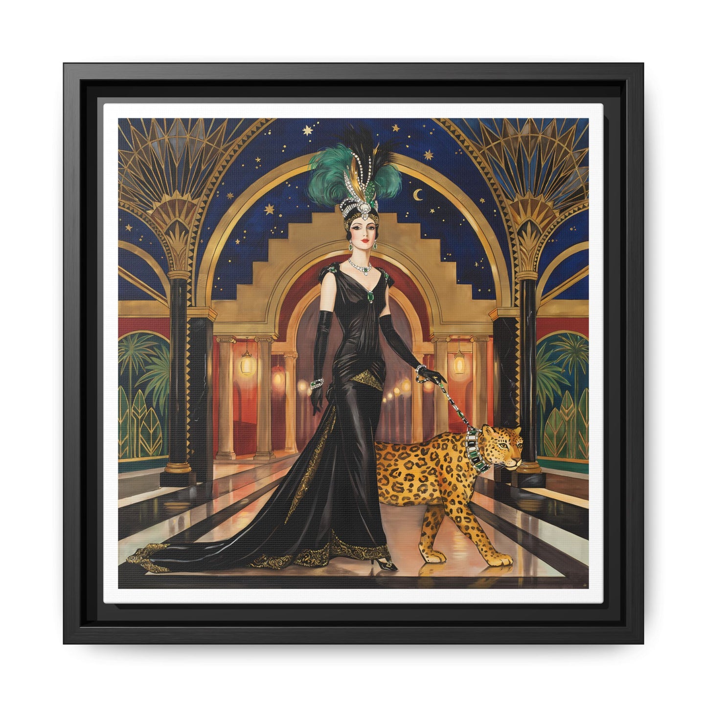 Art Deco Flapper with Leopard Canvas Framed Wall Art | Matte Print