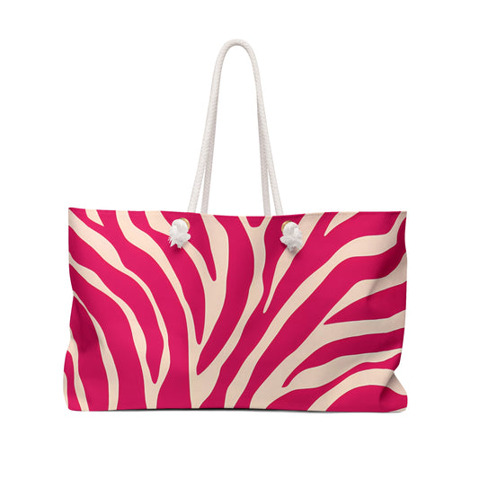 Zebra Stripe Weekender Bag, Travel Tote, Overnight Bag, Luxury Shoulder Bag, Stylish Carry-On, Red-Pink Zebra Print Accessory