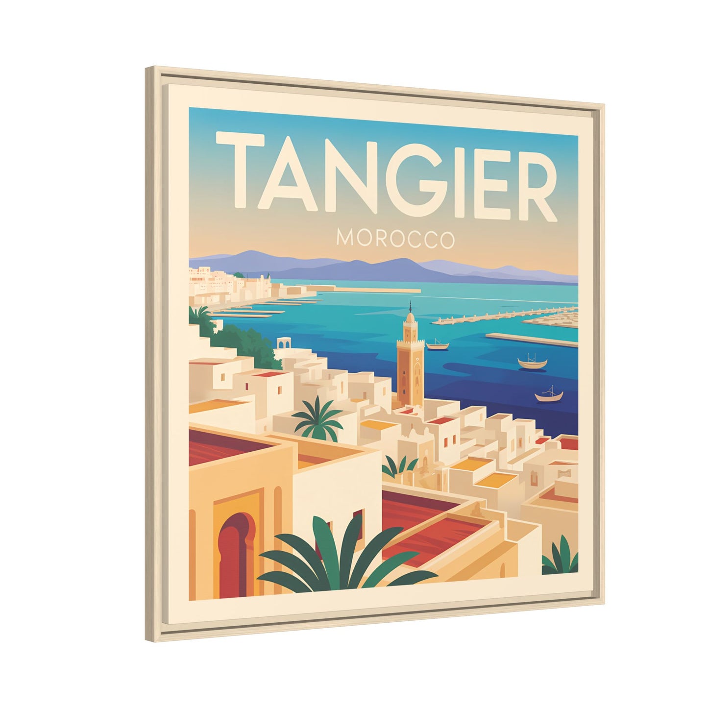 Tangier Morocco Travel Framed Wall Art Matte Canvas | Vintage Style Coastal Wall Art