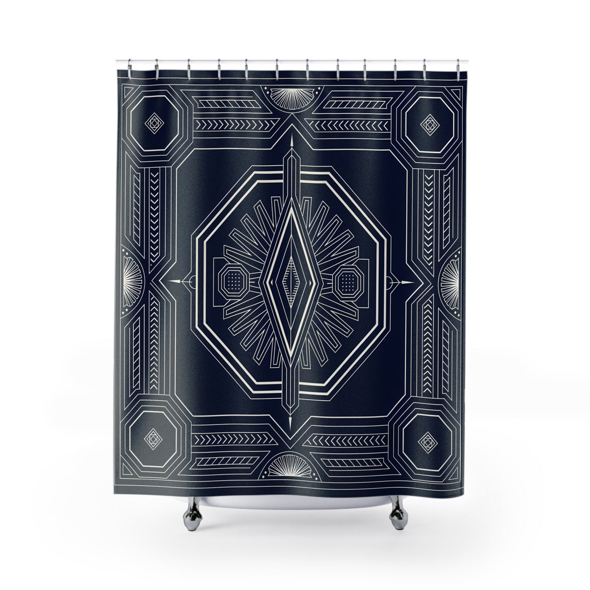 Art Deco Geometric Shower Curtain | Navy White Pattern, Bathroom Decor