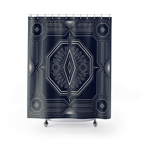 Art Deco Geometric Shower Curtain | Navy White Pattern, Bathroom Decor