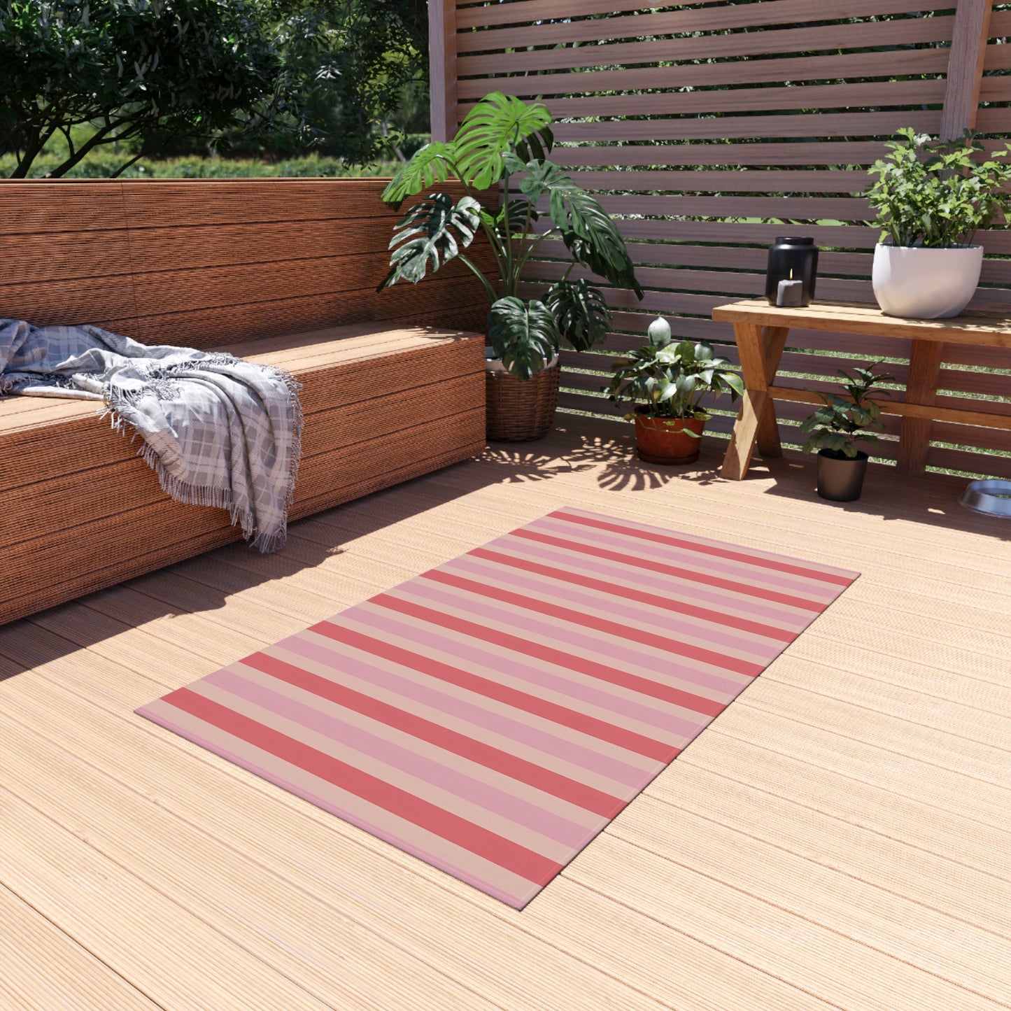 Coral Pink Beige Striped Pattern Outdoor Rug | Patio Mat, Fade-Resistant Stripes