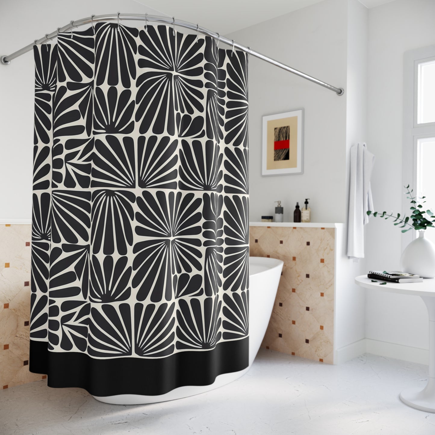 Matisse Style Floral Shower Curtain, Retro Artsy Bathroom Decor, Black and Off-White, Abstract Pattern, Modern Home Design, Unique Gift