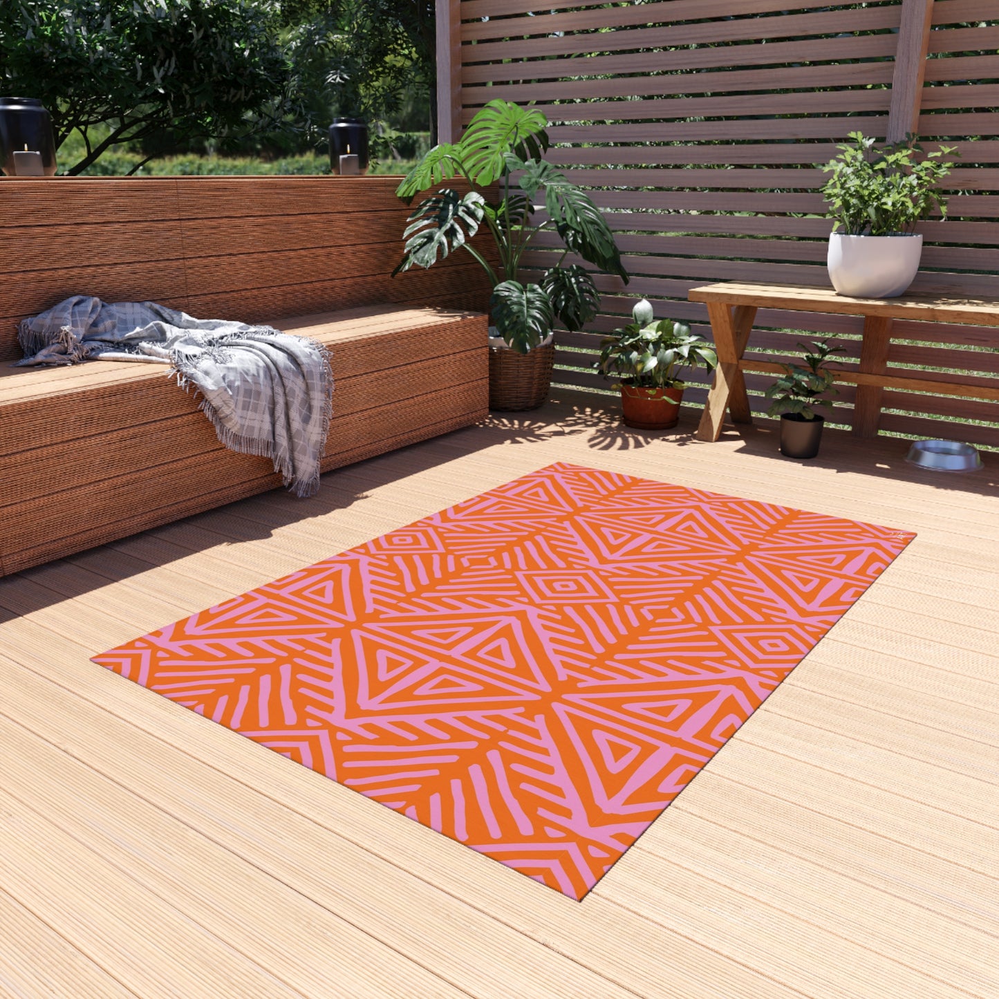 Orange and Pink Geometric Tribal Pattern Outdoor Rug | Water-Resistant Patio Mat