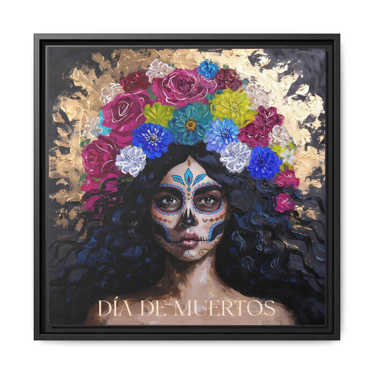 Día de Muertos Sugar Skull Woman Matte Canvas Framed | Floral Headdress Wall Art