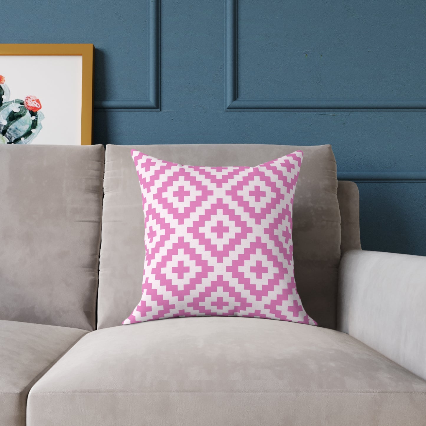 Pink White Geometric Boho Native American Diamond Pattern Pillow | Square Accent Cushion